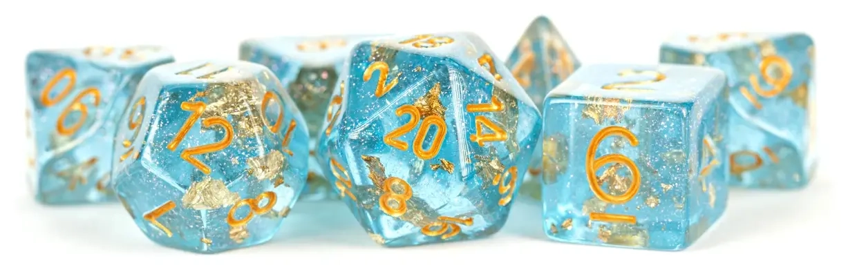 16mm Resin Polyhedral Dice Set Blue with Gold Foil