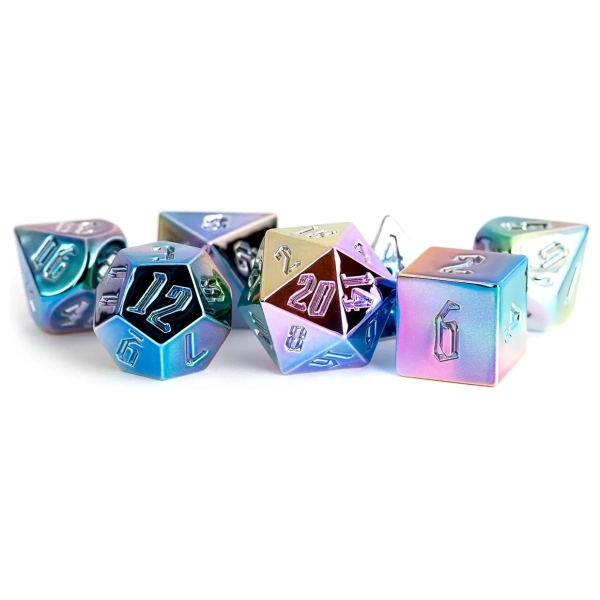 16mm Aluminum Plated Acrylic Poly Dice Set: Rainbow Aegis Uninked