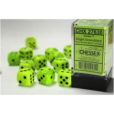 16mm d6 with pips Dice Blocks (12 Dice) - Vortex Bright Green w/black