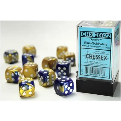 Gemini 16mm d6 with pips Dice Blocks (12 Dice) - Blue-Gold w/white