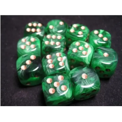 16mm d6 with pips Dice Blocks (12 Dice) - Vortex Green w/gold