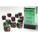 Gemini 16mm d6 with pips (12 Dice Block) - Green-Purple w/gold