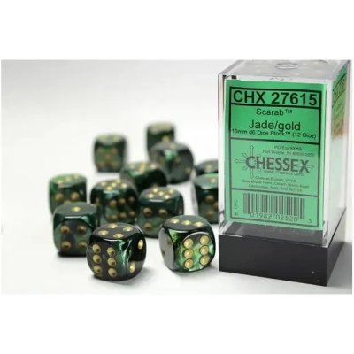 16mm d6 with pips (12 Dice Block) - Scarab Jade w/gold