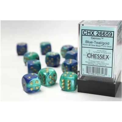 Gemini 16mm d6 with pips Dice Blocks (12 Dice) - Blue-Teal w/gold