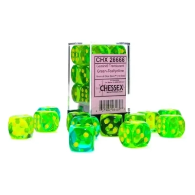 Gemini 16mm d6 Translucent Green-Teal/yellow Dice Block (12 dice)