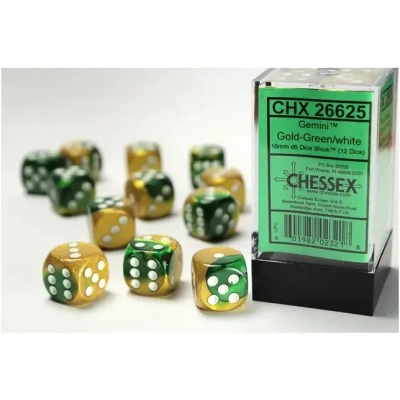 Gemini 16mm d6 with pips Dice Blocks (12 Dice) - Gold-Green w/white