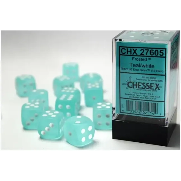 16mm d6 with pips Dice Blocks (12 Dice) - Frosted Teal w/white