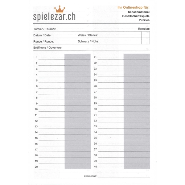 Schach-Partieformulare - Block à 100 Blatt