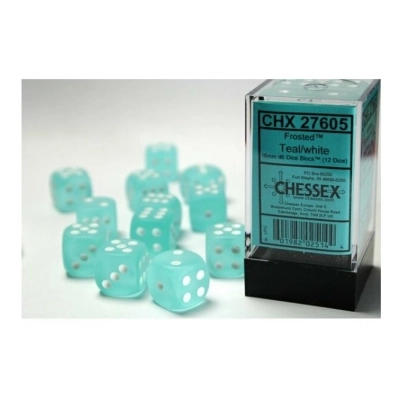 16mm d6 with pips Dice Blocks (12 Dice) - Frosted Teal w/white