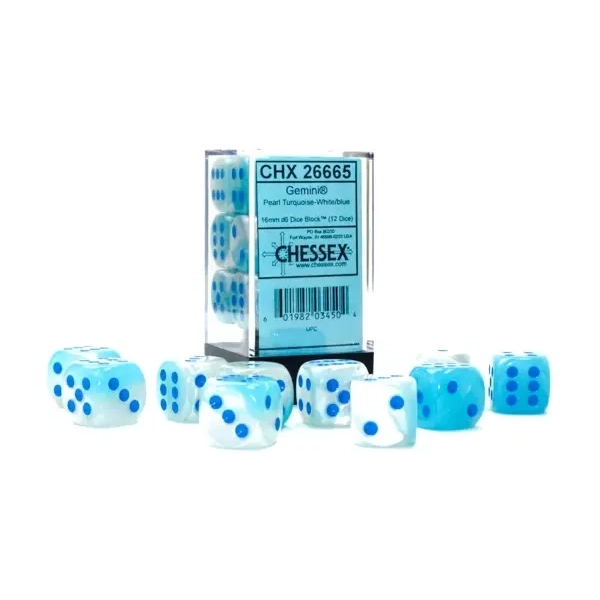 Gemini 16mm d6 Pearl Turquoise-White/blue Luminary Dice Block (12 dice)