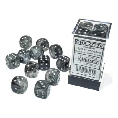 Borealis 16mm d6 Light Smoke/silver Luminary Dice Block (12 dice)