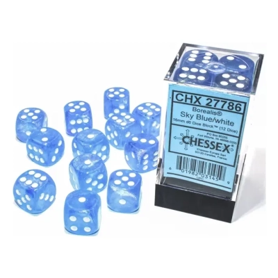 Borealis 16mm d6 Sky Blue/white LuminaryDice Block (12 dice)